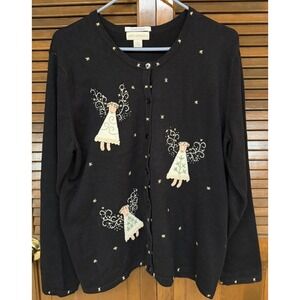 Appleseed's Angel Cardigan L Black Embroidered Holiday‎ Cottagecore Festive